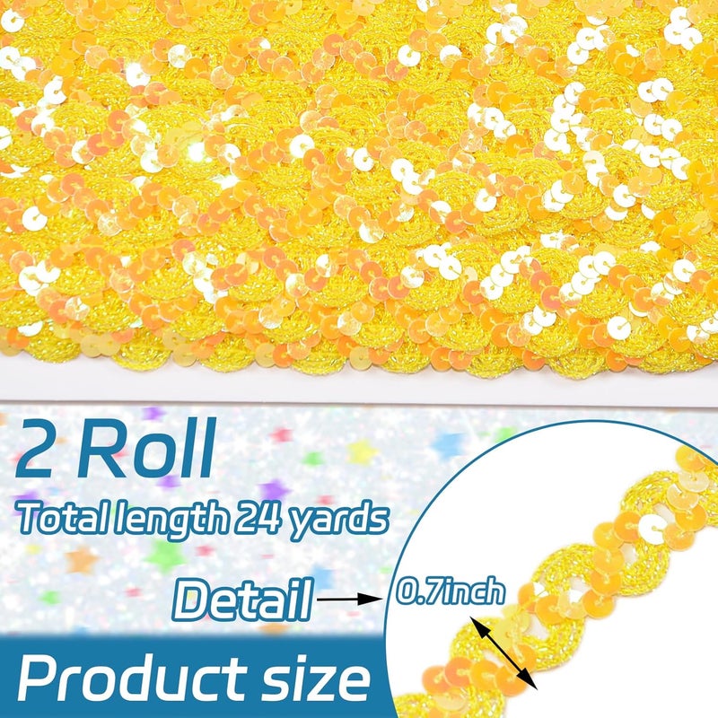 TACOLO Flat Sequin Ribbon Trim 24 Yards, 2 Rolls Sequin Trim by The Yard for Wedding Dress, Embellishments, Headband, Fringe (Yellow) - Image 2